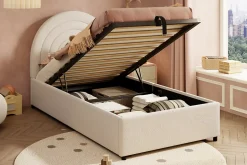 Lit rembourré 90x200 cm avec sommier tissu bouclette beige lattes en bois montage facile pour jeunes et adultes