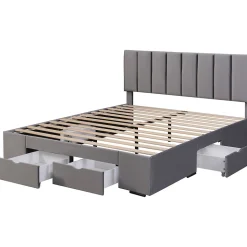 Lit rembourré 160x200 cm, avec sommier à lattes,dossier et 4 tiroirs, velours, gris