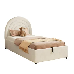 Lit rembourré 90x200 cm avec sommier et tête de lit en velours beige lattes en bois montage facile pour jeunes et adultes