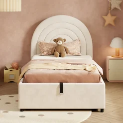 Lit rembourré 90x200 cm avec sommier et tête de lit en velours beige lattes en bois montage facile pour jeunes et adultes