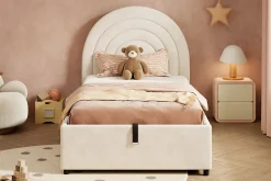 Lit rembourré 90x200 cm avec sommier et tête de lit en velours beige lattes en bois montage facile pour jeunes et adultes