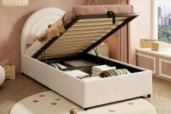 Lit rembourré 90x200 cm avec sommier et tête de lit en velours beige lattes en bois montage facile pour jeunes et adultes