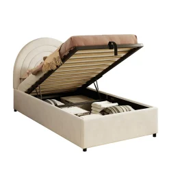 Lit rembourré 90x200 cm avec sommier et tête de lit en velours beige lattes en bois montage facile pour jeunes et adultes