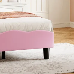 Lit Rembourré 90x200 cm, Cadre de lit Simple avec sommier à Lattes, Cadre de lit pour Enfants, Adolescents, Adultes, Velours, Pink