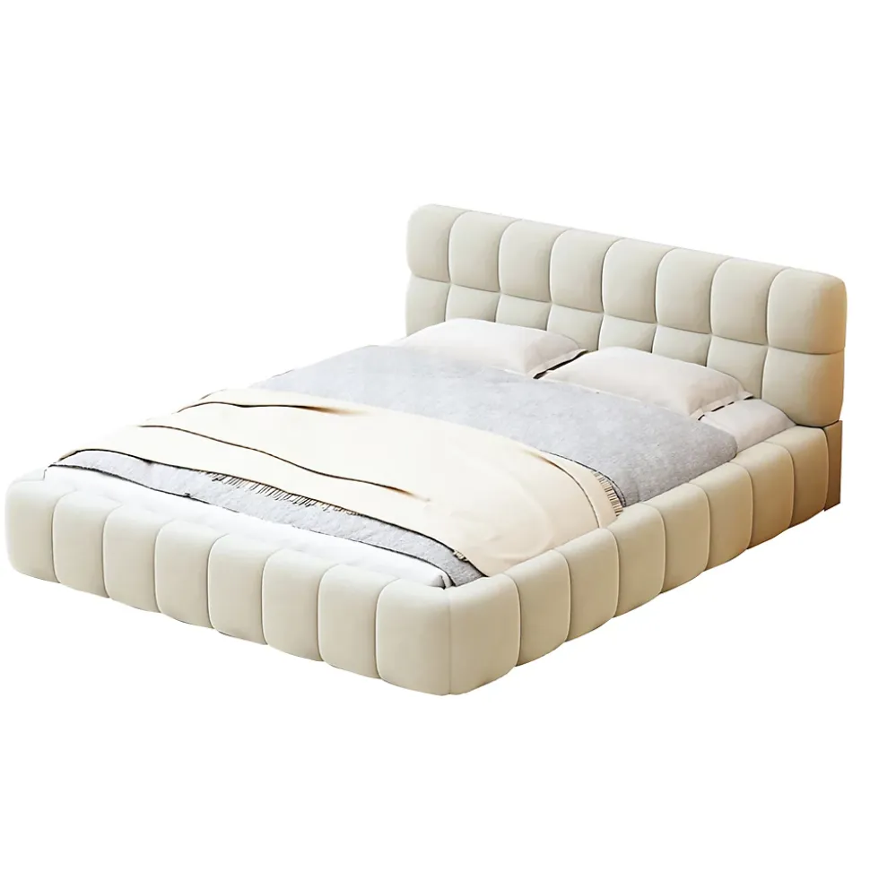 Lit rembourré 140x190 cm en lin, dossier moelleux, cadre rembourré, sommier à lattes inclus, lit jeune/double, Beige