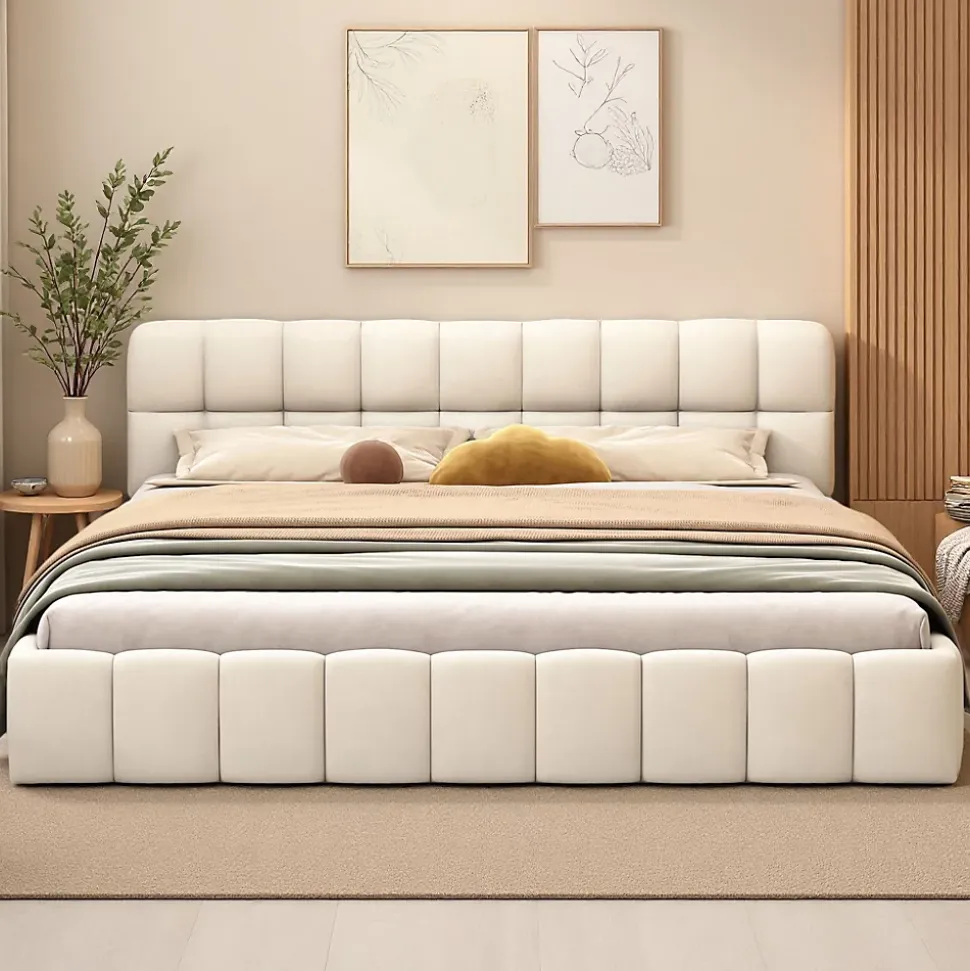 Lit rembourré 140x190 cm en lin, dossier moelleux, cadre rembourré, sommier à lattes inclus, lit jeune/double, Beige