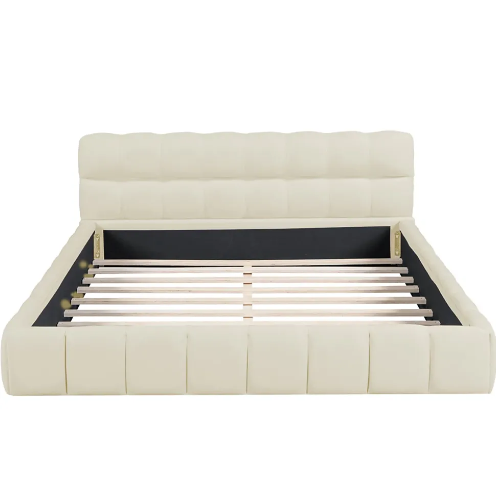 Lit rembourré 140x190 cm en lin, dossier moelleux, cadre rembourré, sommier à lattes inclus, lit jeune/double, Beige