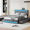 Lit rembourré 140x190 cm, LED, 4 tiroirs, USB, coffre en lin, sommier bois -Gris