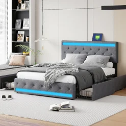 Lit rembourré 140x190 cm, LED, 4 tiroirs, USB, coffre en lin, sommier bois -Gris