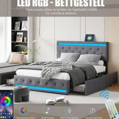 Lit rembourré 140x190 cm, LED, 4 tiroirs, USB, coffre en lin, sommier bois -Gris