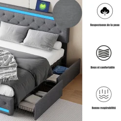 Lit rembourré 180x200 cm, LED, 4 tiroirs, USB, coffre en lin, sommier bois -Gris