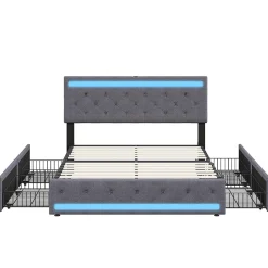 Lit rembourré 180x200 cm, LED, 4 tiroirs, USB, coffre en lin, sommier bois -Gris