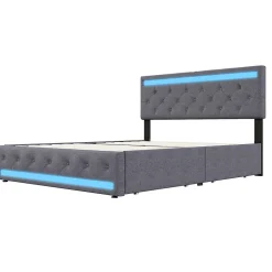 Lit rembourré 180x200 cm, LED, 4 tiroirs, USB, coffre en lin, sommier bois -Gris