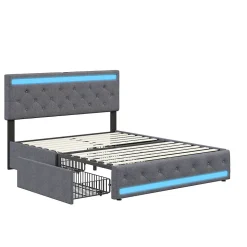 Lit rembourré 180x200 cm, LED, 4 tiroirs, USB, coffre en lin, sommier bois -Gris