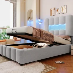 Lit rembourré 90x200 cm, LED, hydraulique, tête réglable, velours - gris