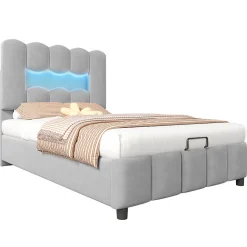 Lit rembourré 90x200 cm, LED, hydraulique, tête réglable, velours - gris