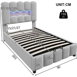 Lit rembourré 90x200 cm, LED, hydraulique, tête réglable, velours - gris