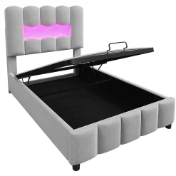 Lit rembourré 90x200 cm, LED, hydraulique, tête réglable, velours - gris