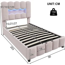 Lit rembourré 90x200 cm, LED, hydraulique, tête réglable, velours - rose