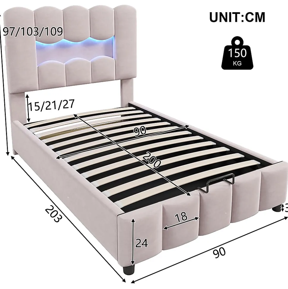Lit rembourré 90x200 cm, LED, hydraulique, tête réglable, velours - rose