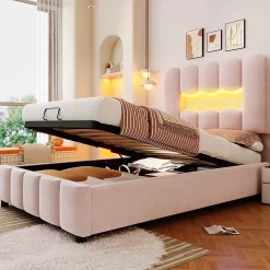 Lit rembourré 90x200 cm, LED, hydraulique, tête réglable, velours - rose