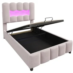 Lit rembourré 90x200 cm, LED, hydraulique, tête réglable, velours - rose