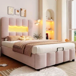 Lit rembourré 90x200 cm, LED, hydraulique, tête réglable, velours - rose