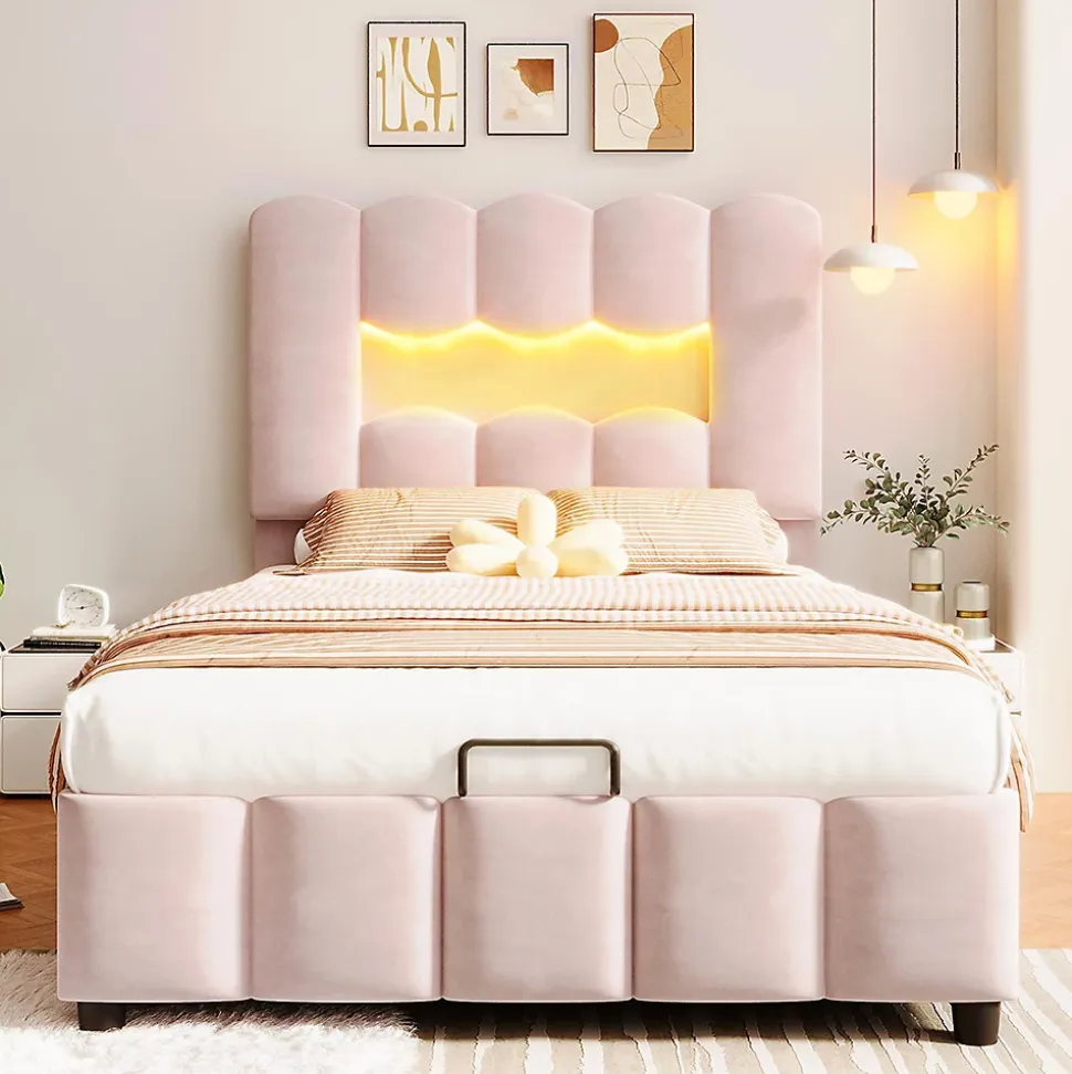Lit rembourré 90x200 cm, LED, hydraulique, tête réglable, velours - rose