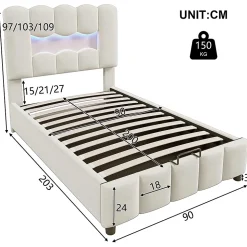 Lit rembourré 90x200 cm, LED, hydraulique, tête réglable, velours - beige