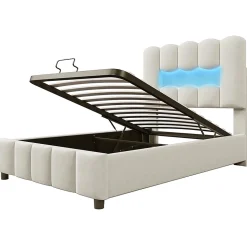 Lit rembourré 90x200 cm, LED, hydraulique, tête réglable, velours - beige