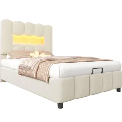 Lit rembourré 90x200 cm, LED, hydraulique, tête réglable, velours - beige