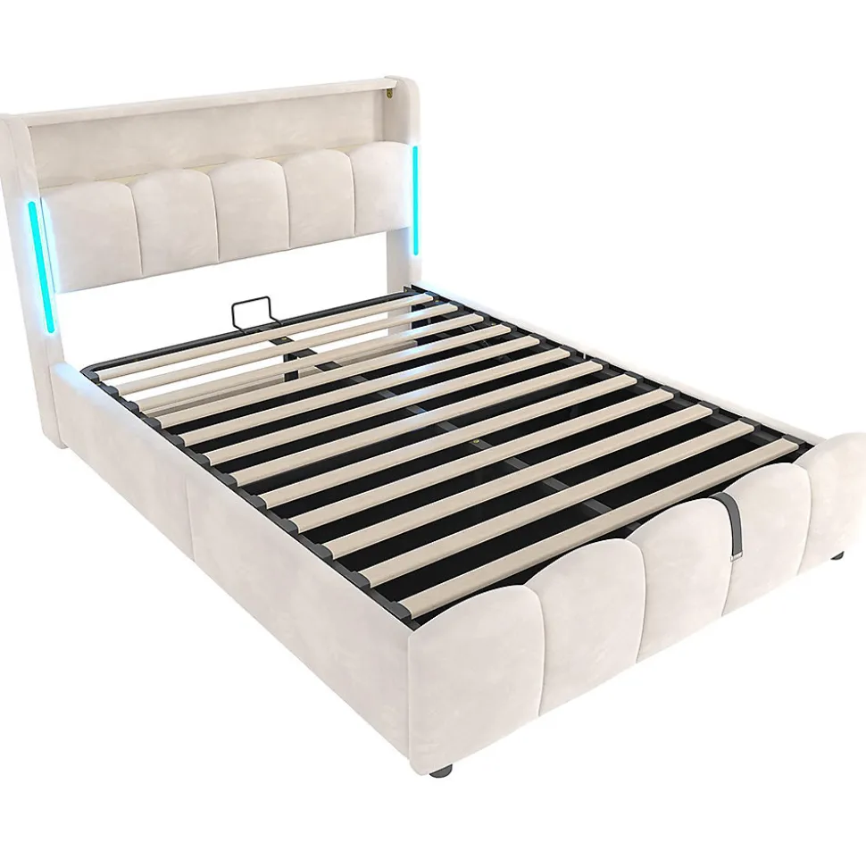 Lit rembourré 140x200 cm, LED, rangement hydraulique, USB/Type-C, velours - beige