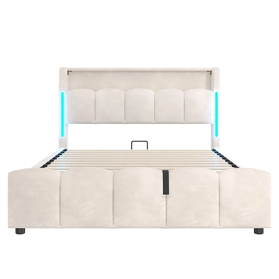 Lit rembourré 140x200 cm, LED, rangement hydraulique, USB/Type-C, velours - beige