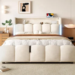 Lit rembourré 140x200 cm, LED, rangement hydraulique, USB/Type-C, velours - beige