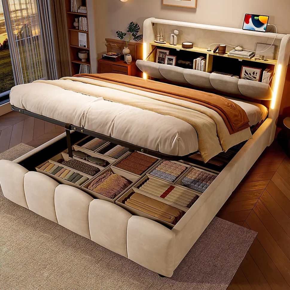 Lit rembourré 140x200 cm, LED, rangement hydraulique, USB/Type-C, velours - beige