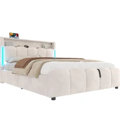 Lit rembourré 140x200 cm, LED, rangement hydraulique, USB/Type-C, velours - beige