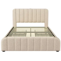 lit rembourré 140x200 cm lit 4 tiroirs lit fonction de charge usb type-c lit bandes décoratives dorées lit double lin beige