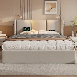 Lit rembourré 140x200 cm, lit avec rangement, lit double avec sommier à lattes et lampe de lecture, lin, beige, sans matelas