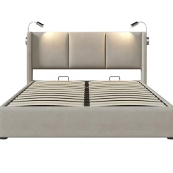 Lit rembourré 140x200 cm, lit avec rangement, lit double avec sommier à lattes et lampe de lecture, lin, beige, sans matelas