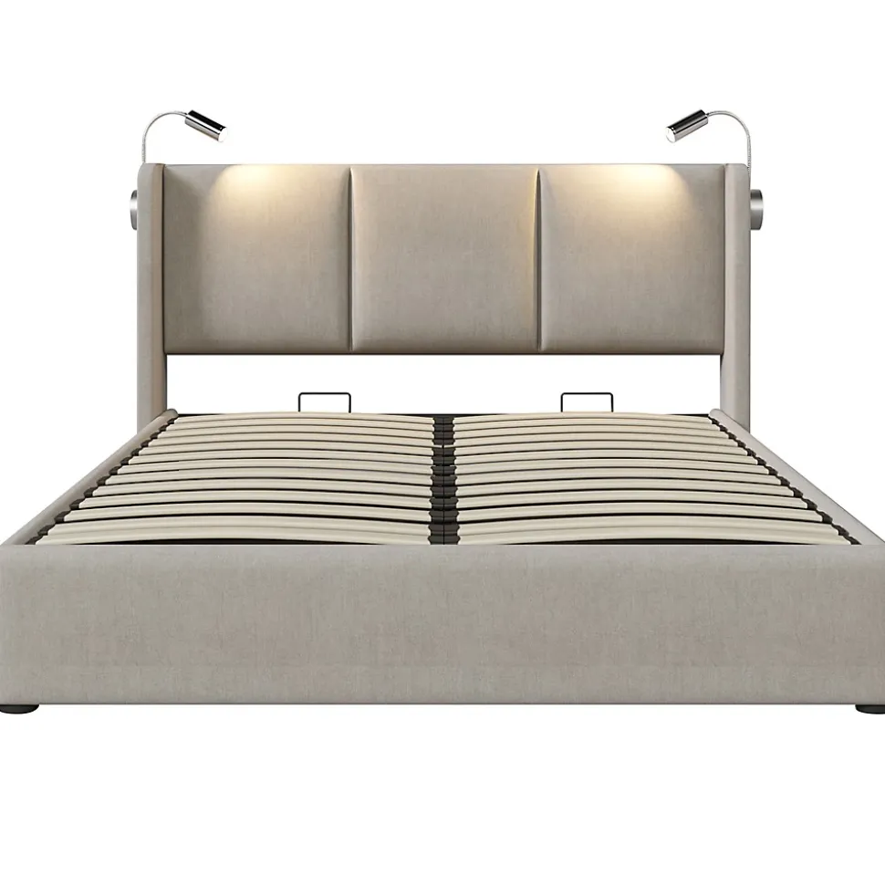 Lit rembourré 140x200 cm, lit avec rangement, lit double avec sommier à lattes et lampe de lecture, lin, beige, sans matelas