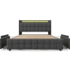 Lit rembourré 180x200 cm lit de rangement lit 4 tiroirs lit éclairage led lit sommier à lattes en bois lit double lin gris