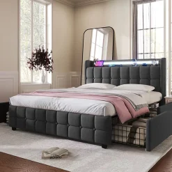 Lit rembourré 180x200 cm lit de rangement lit 4 tiroirs lit éclairage led lit sommier à lattes en bois lit double lin gris