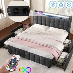 Lit rembourré 180x200 cm lit de rangement lit 4 tiroirs lit éclairage led lit sommier à lattes en bois lit double lin gris