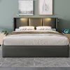 Lit rembourré 140x200 cm lit de rangement lit lampe de lecture lit tête de lit avec fonction de chargement usb lit double pu gris