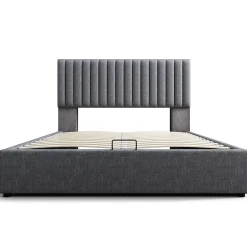 lit rembourré 160x200 cm lit de rangement avec fonction de recharge usb type c lit sommier à lattes en bois lit double lin gris