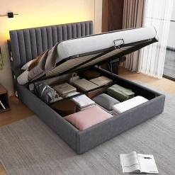 lit rembourré 160x200 cm lit de rangement avec fonction de recharge usb type c lit sommier à lattes en bois lit double lin gris