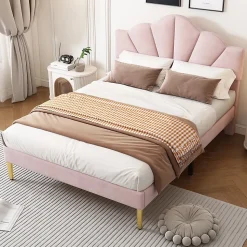 Lit rembourré 140x190 cm lit double avec sommier à lattes - tête de lit réglable - tissu en velours - rose