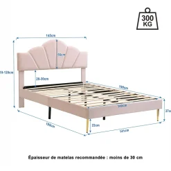 Lit rembourré 140x190 cm lit double avec sommier à lattes - tête de lit réglable - tissu en velours - rose
