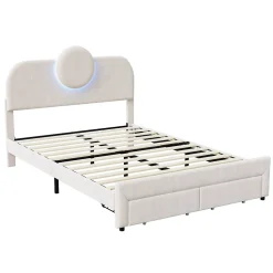 Lit Rembourré 140x200 cm, lit double avec éclairage LED et 2 tiroirs, pour adultes et adolescents