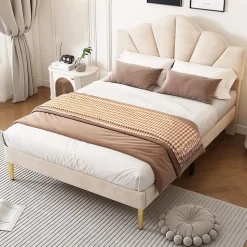 Lit rembourré 140x190 cm lit double avec sommier à lattes - tête de lit réglable - tissu en velours - beige